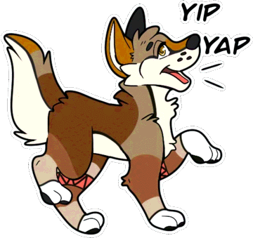 Rye, a brown and tan coyote, yapping. The words yip yap are drawn next to him.
