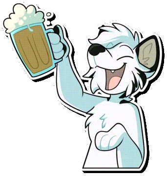 Malachi, a white wolf, laughing and raising a mug of beer.